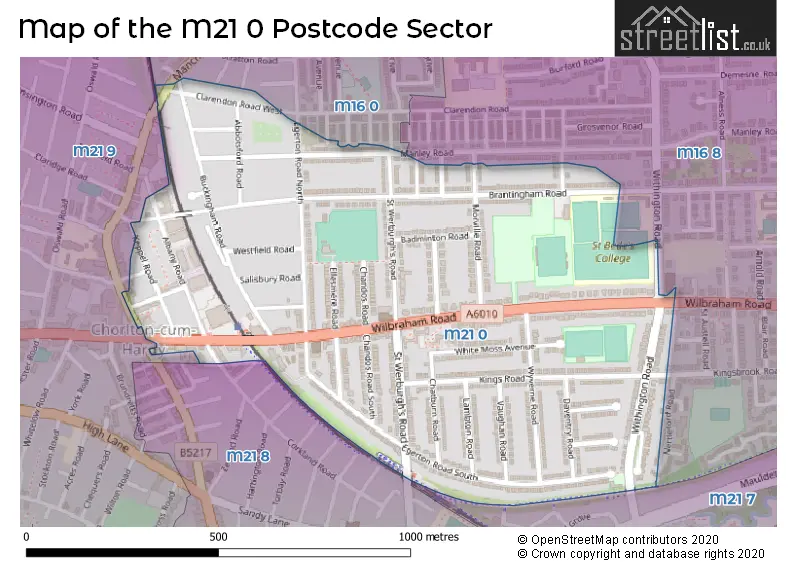 Map of the M21 0 and surrounding postcode sector