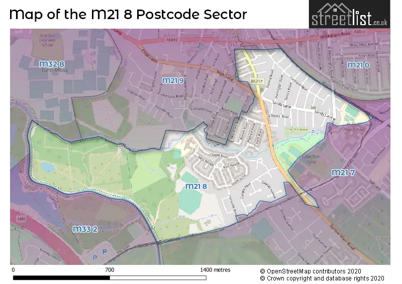 Map of the M21 8 and surrounding postcode sector