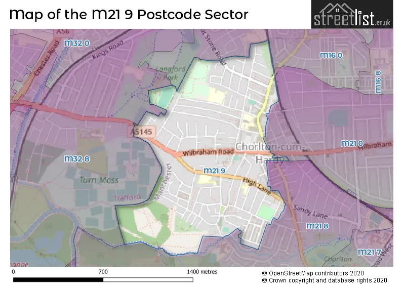 Map of the M21 9 and surrounding postcode sector