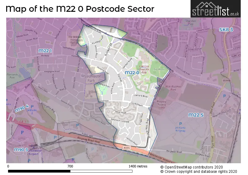 Map of the M22 0 and surrounding postcode sector