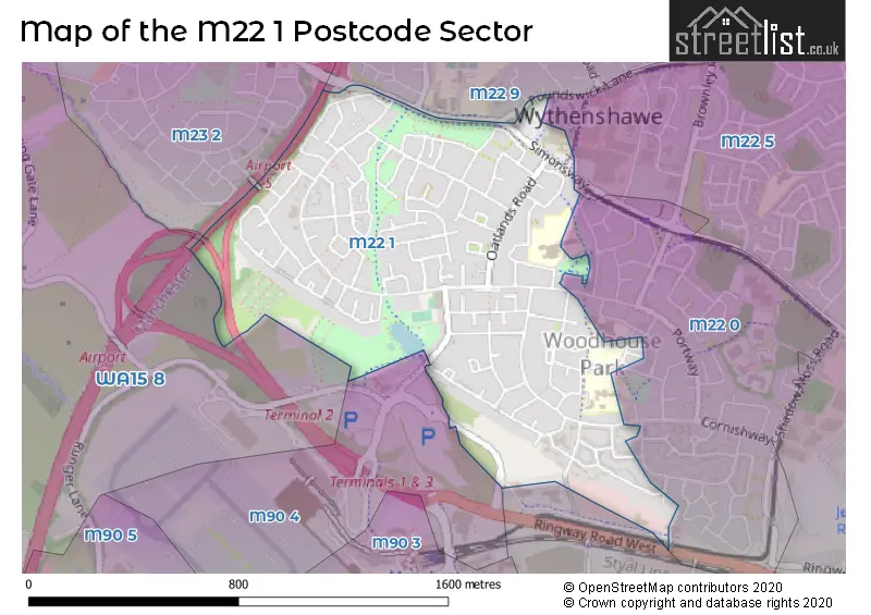 Map of the M22 1 and surrounding postcode sector