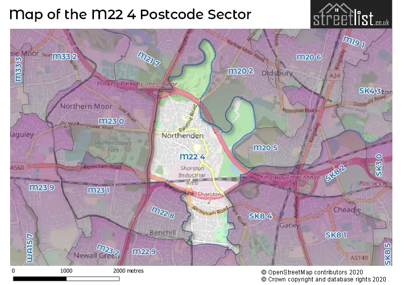Map of the M22 4 and surrounding postcode sector