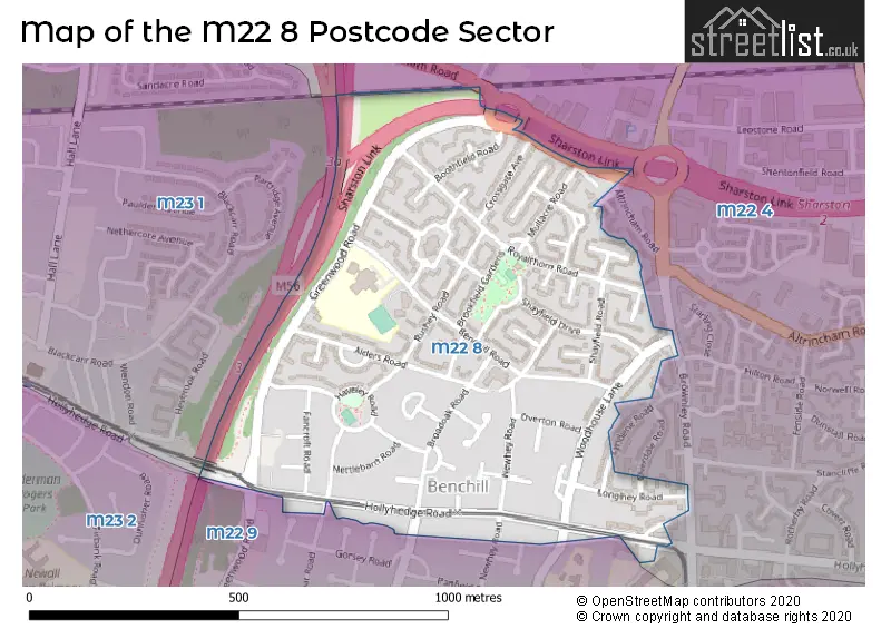 Map of the M22 8 and surrounding postcode sector