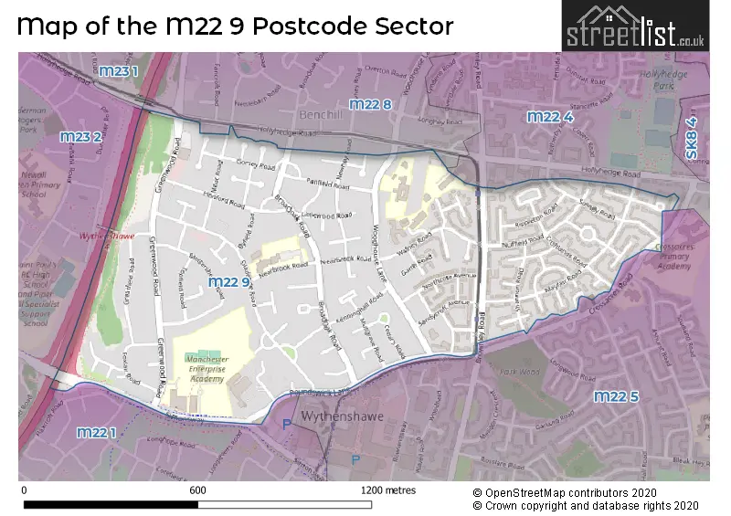 Map of the M22 9 and surrounding postcode sector