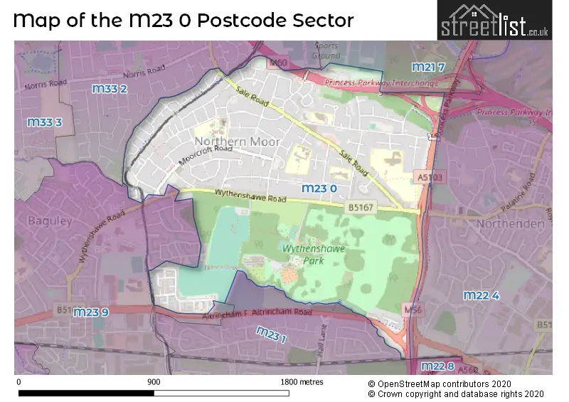 Map of the M23 0 and surrounding postcode sector
