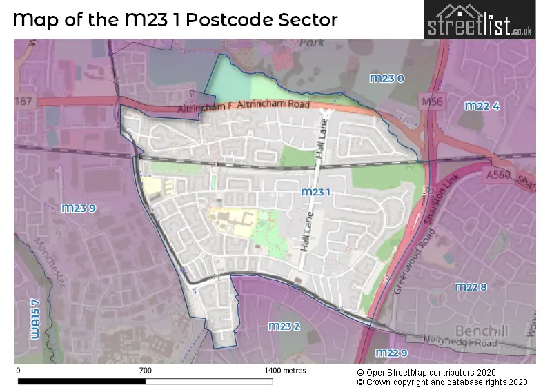 Map of the M23 1 and surrounding postcode sector