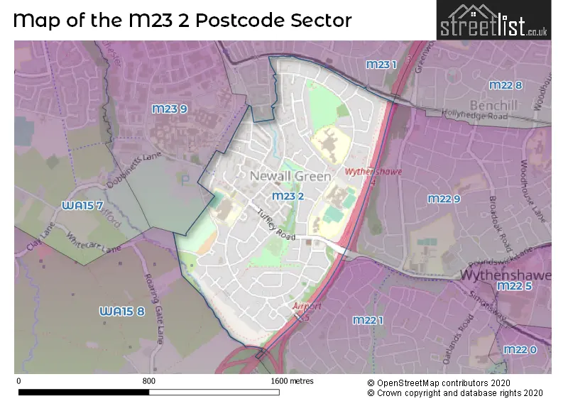 Map of the M23 2 and surrounding postcode sector