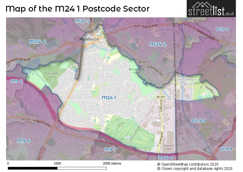 Map of the M24 1 and surrounding postcode sector