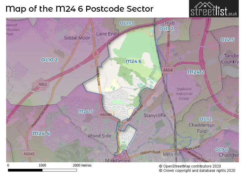 Map of the M24 6 and surrounding postcode sector