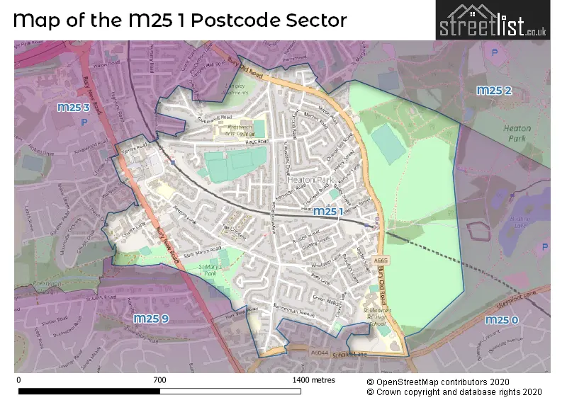Map of the M25 1 and surrounding postcode sector