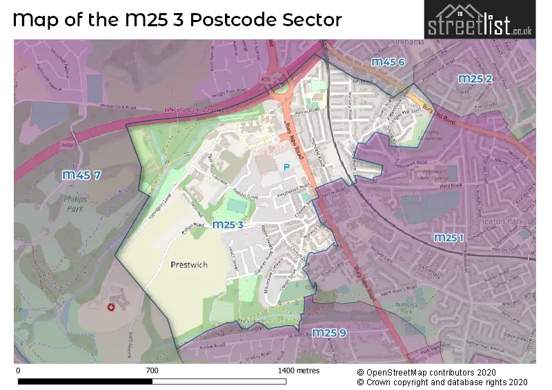 Map of the M25 3 and surrounding postcode sector