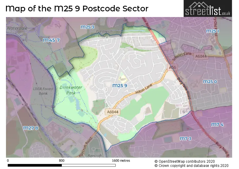 Map of the M25 9 and surrounding postcode sector