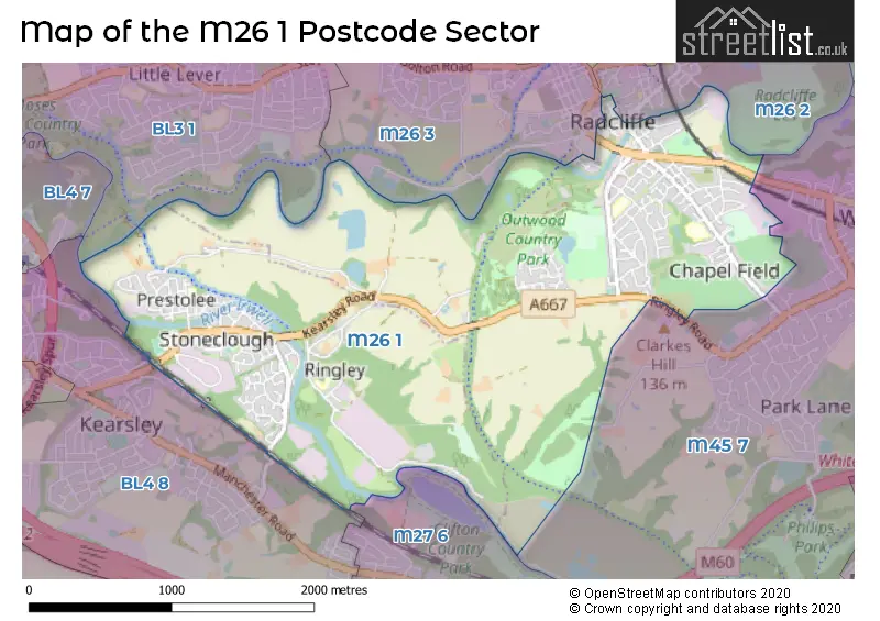 Map of the M26 1 and surrounding postcode sector