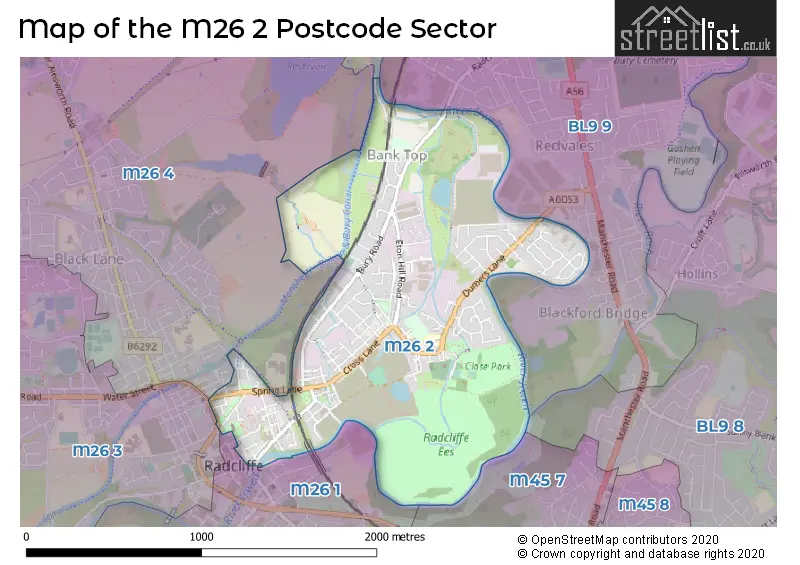 Map of the M26 2 and surrounding postcode sector