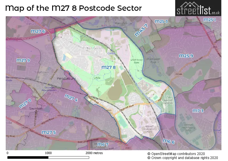 Map of the M27 8 and surrounding postcode sector