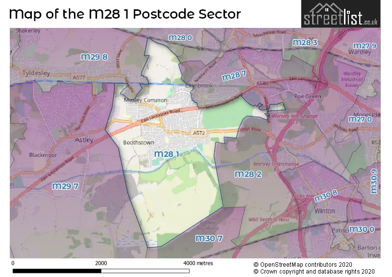 Map of the M28 1 and surrounding postcode sector