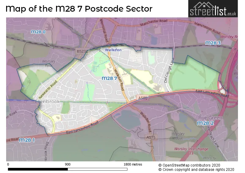 Map of the M28 7 and surrounding postcode sector
