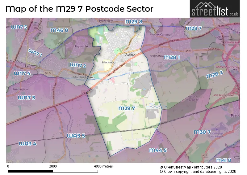 Map of the M29 7 and surrounding postcode sector