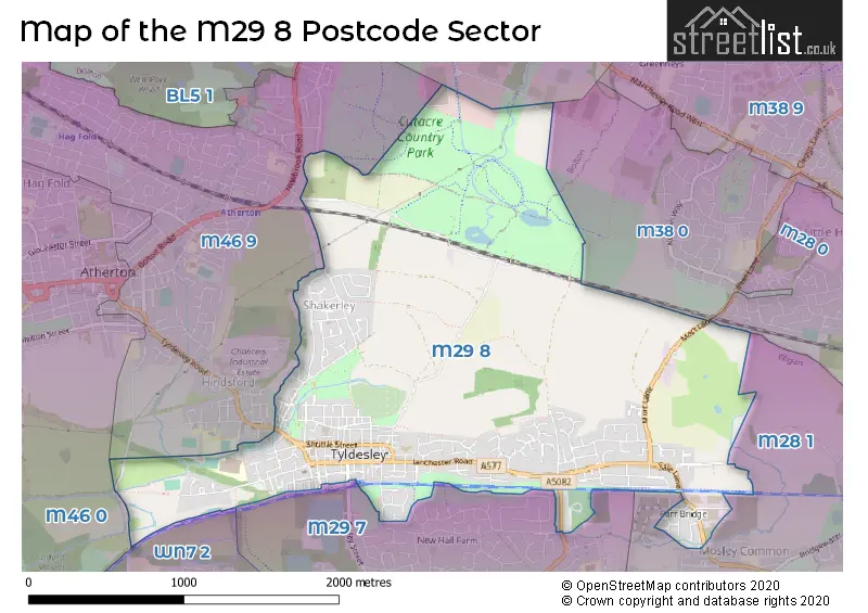 Map of the M29 8 and surrounding postcode sector