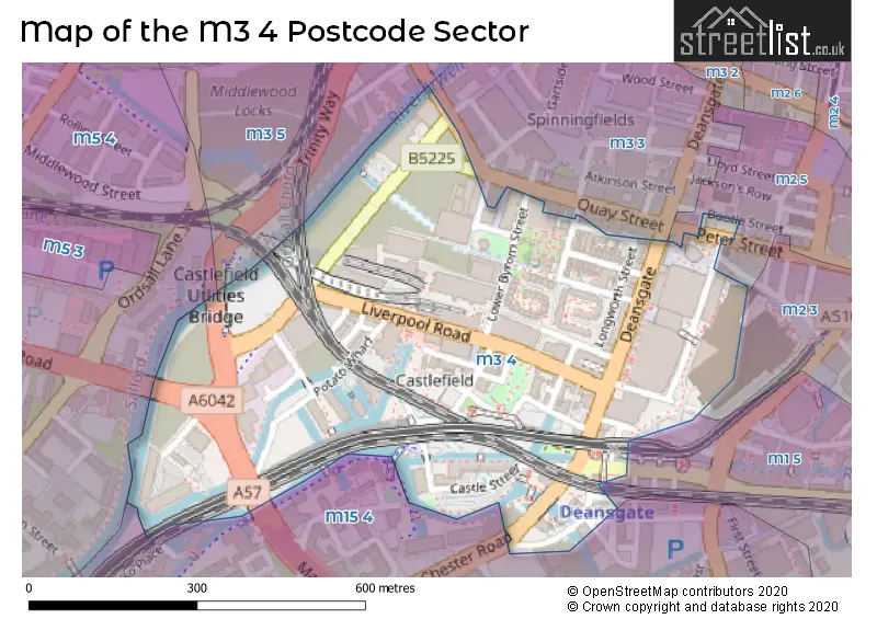 Map of the M3 4 and surrounding postcode sector