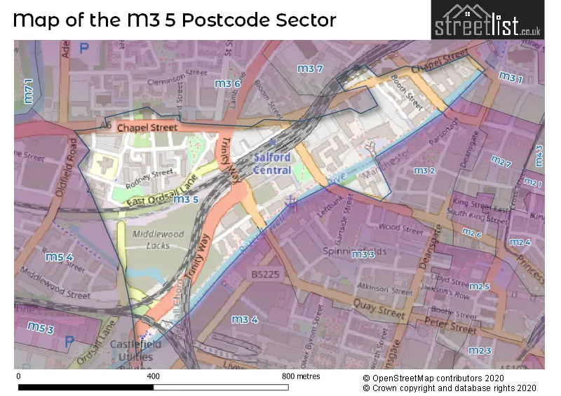 Map of the M3 5 and surrounding postcode sector