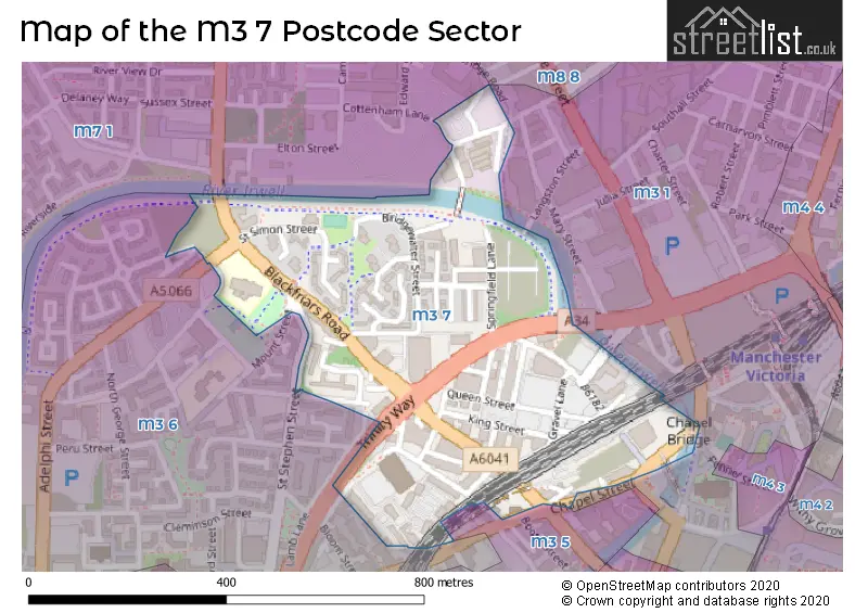 Map of the M3 7 and surrounding postcode sector