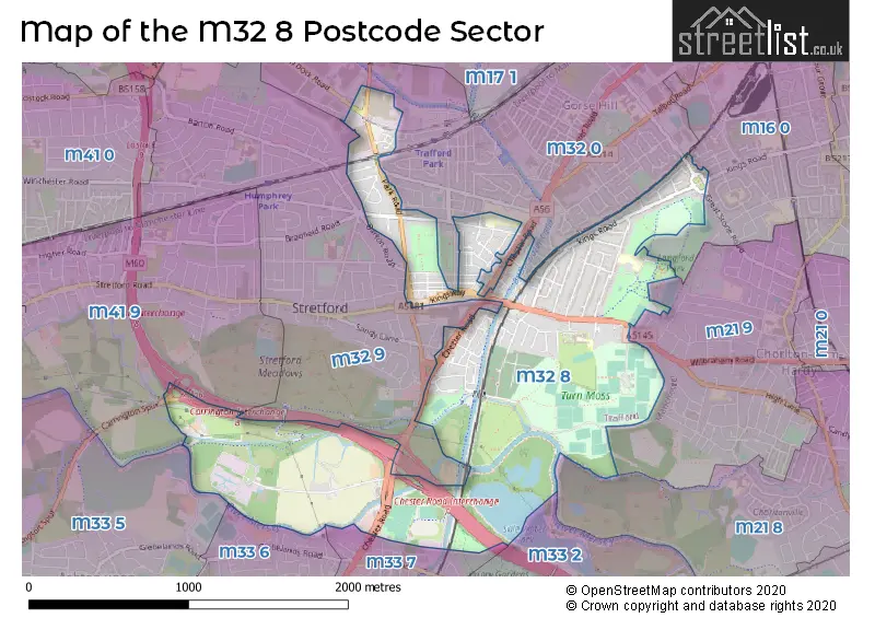 Map of the M32 8 and surrounding postcode sector