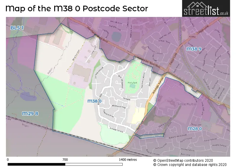 Map of the M38 0 and surrounding postcode sector