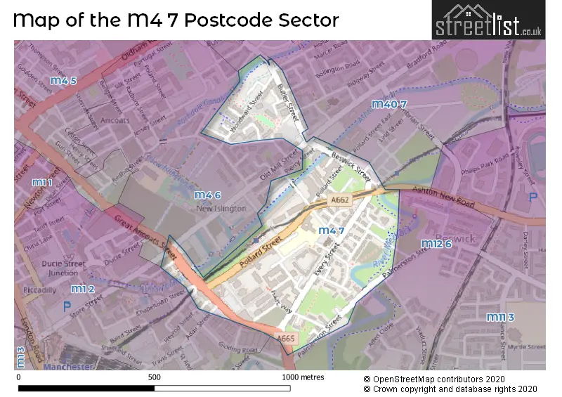 Map of the M4 7 and surrounding postcode sector