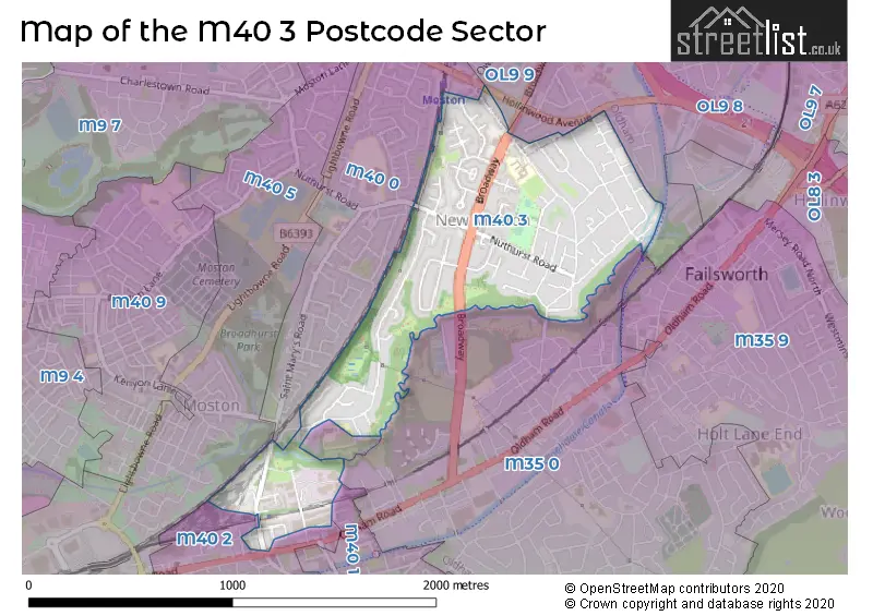 Map of the M40 3 and surrounding postcode sector