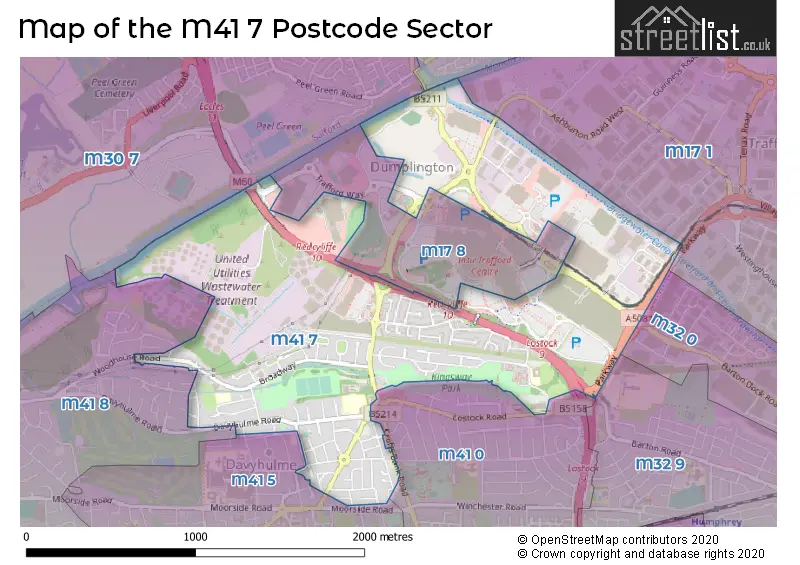 Map of the M41 7 and surrounding postcode sector