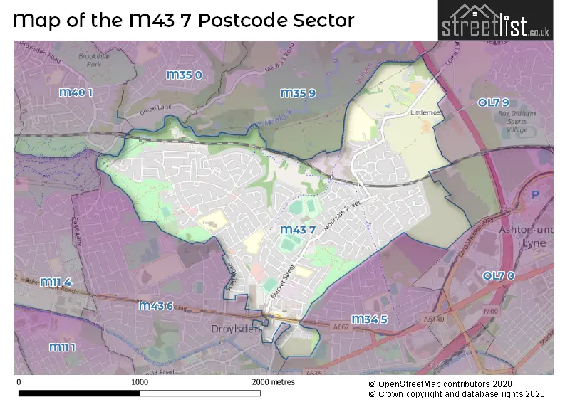 Map of the M43 7 and surrounding postcode sector
