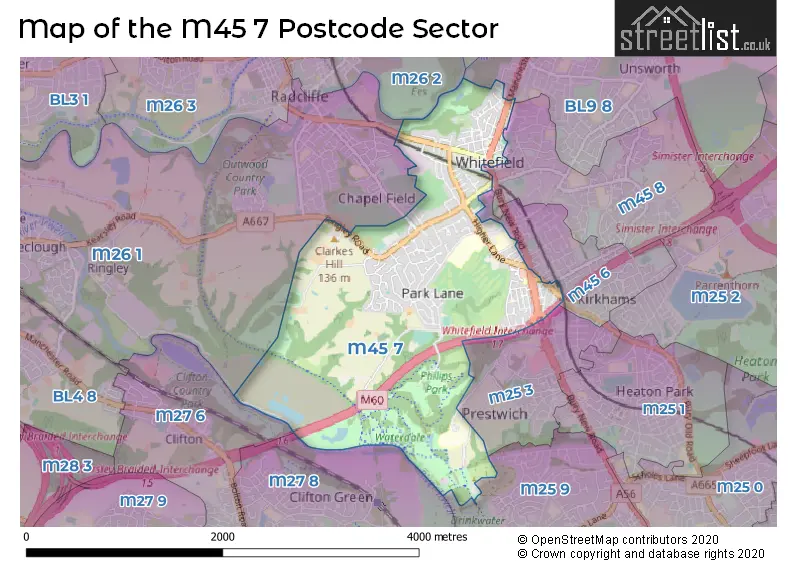 Map of the M45 7 and surrounding postcode sector