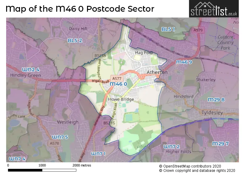 Map of the M46 0 and surrounding postcode sector
