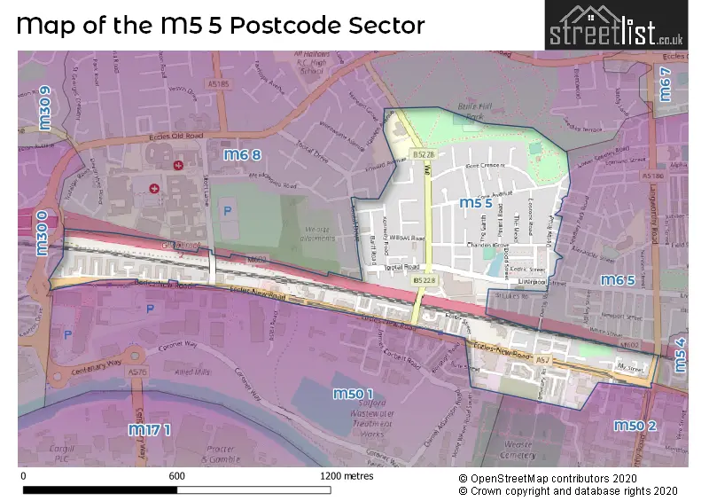 Map of the M5 5 and surrounding postcode sector