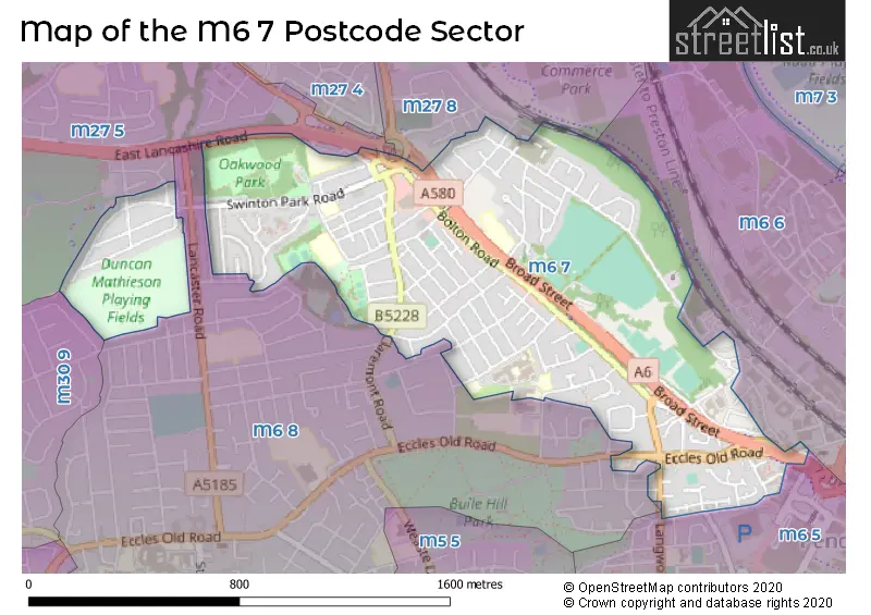 Map of the M6 7 and surrounding postcode sector