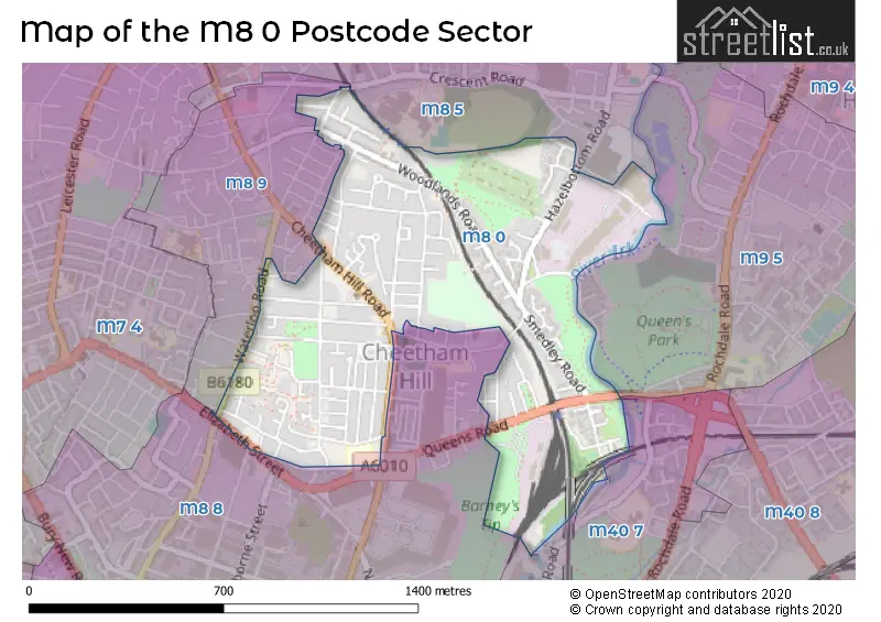 Map of the M8 0 and surrounding postcode sector