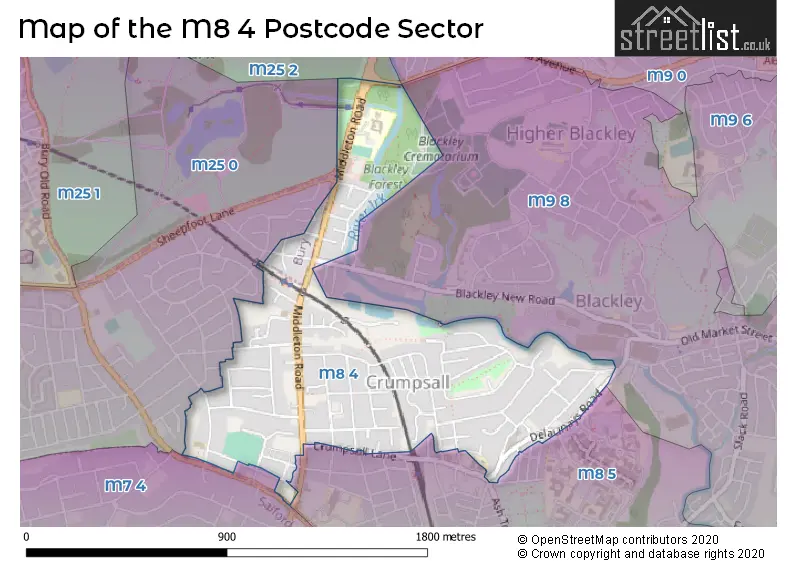 Map of the M8 4 and surrounding postcode sector