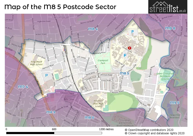 Map of the M8 5 and surrounding postcode sector