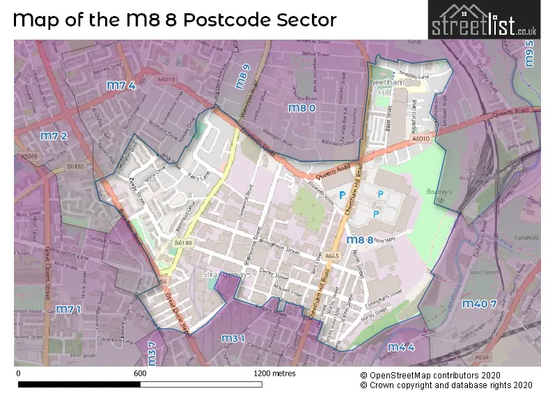 Map of the M8 8 and surrounding postcode sector
