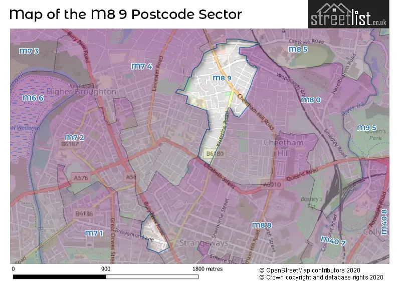 Map of the M8 9 and surrounding postcode sector