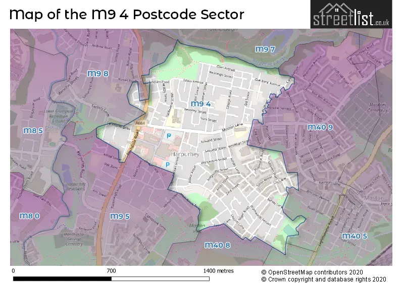 Map of the M9 4 and surrounding postcode sector