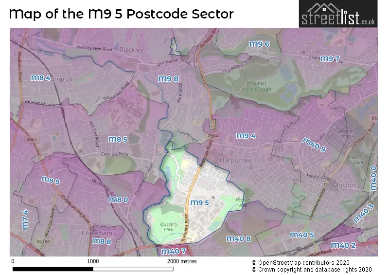 Map of the M9 5 and surrounding postcode sector