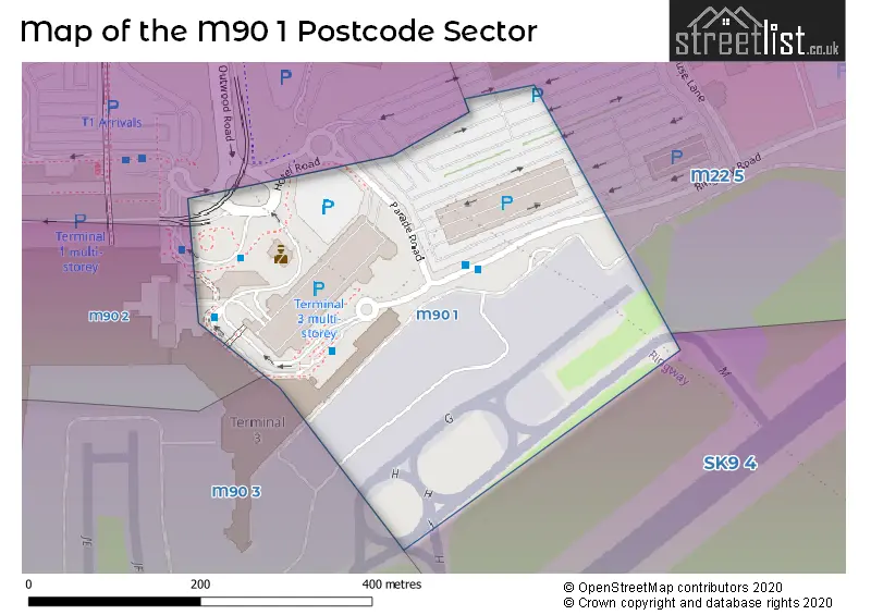 Map of the M90 1 and surrounding postcode sector
