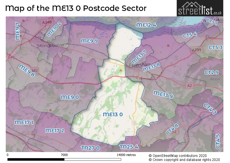 Map of the ME13 0 and surrounding postcode sector