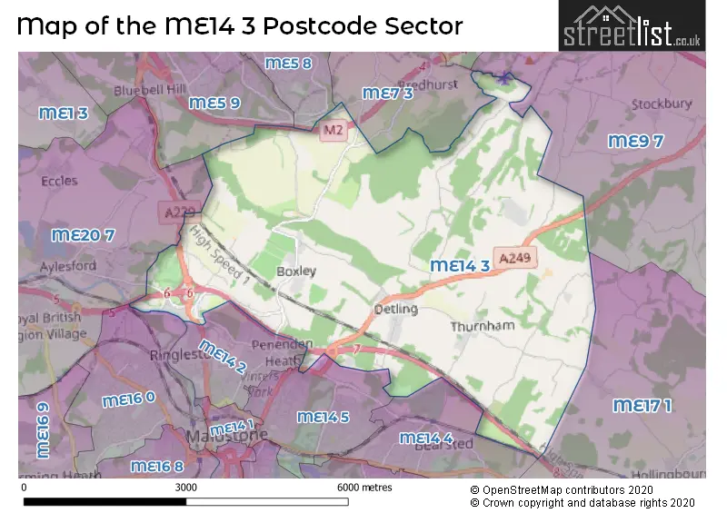 Map of the ME14 3 and surrounding postcode sector