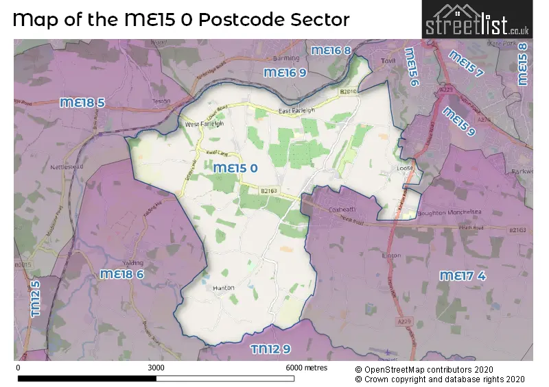 Map of the ME15 0 and surrounding postcode sector