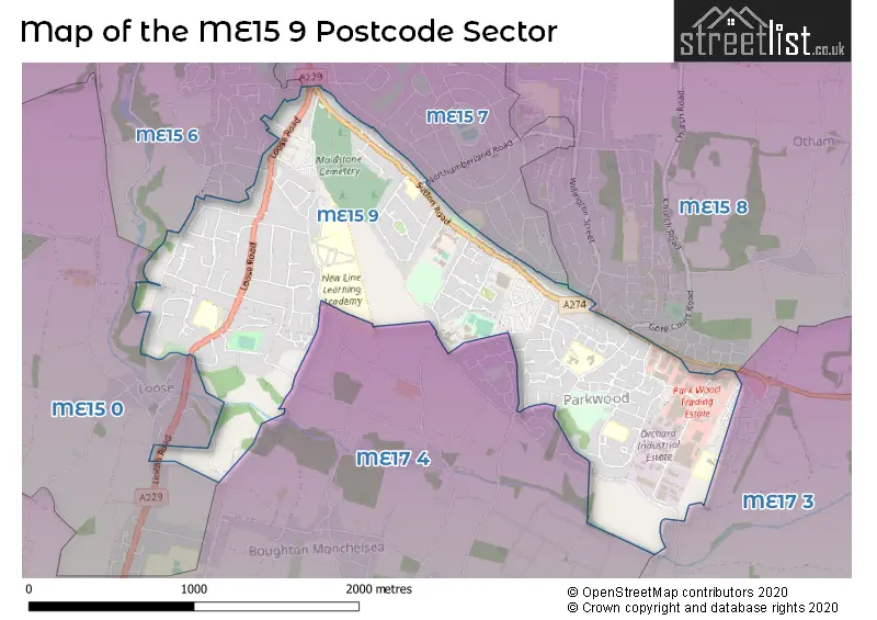 Map of the ME15 9 and surrounding postcode sector