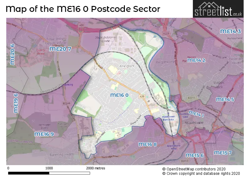 Map of the ME16 0 and surrounding postcode sector