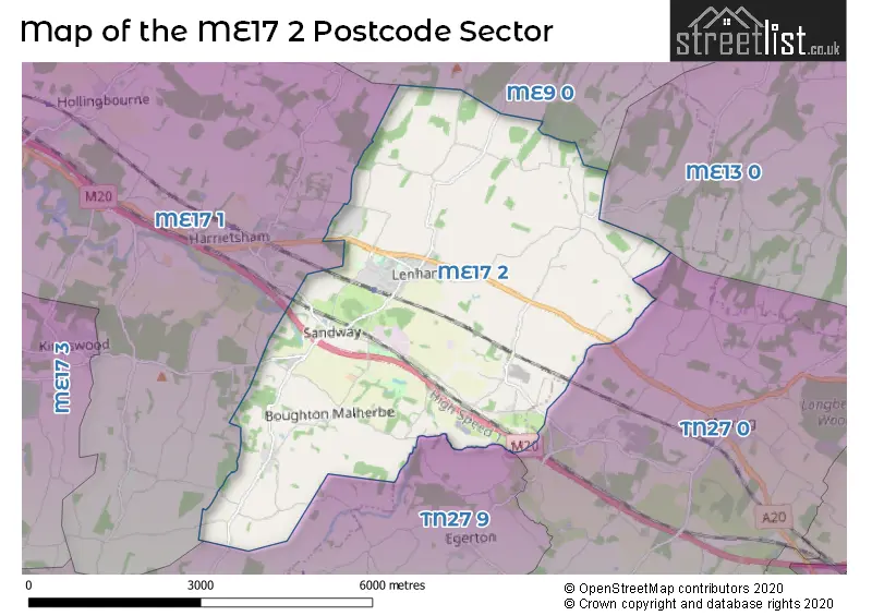 Map of the ME17 2 and surrounding postcode sector